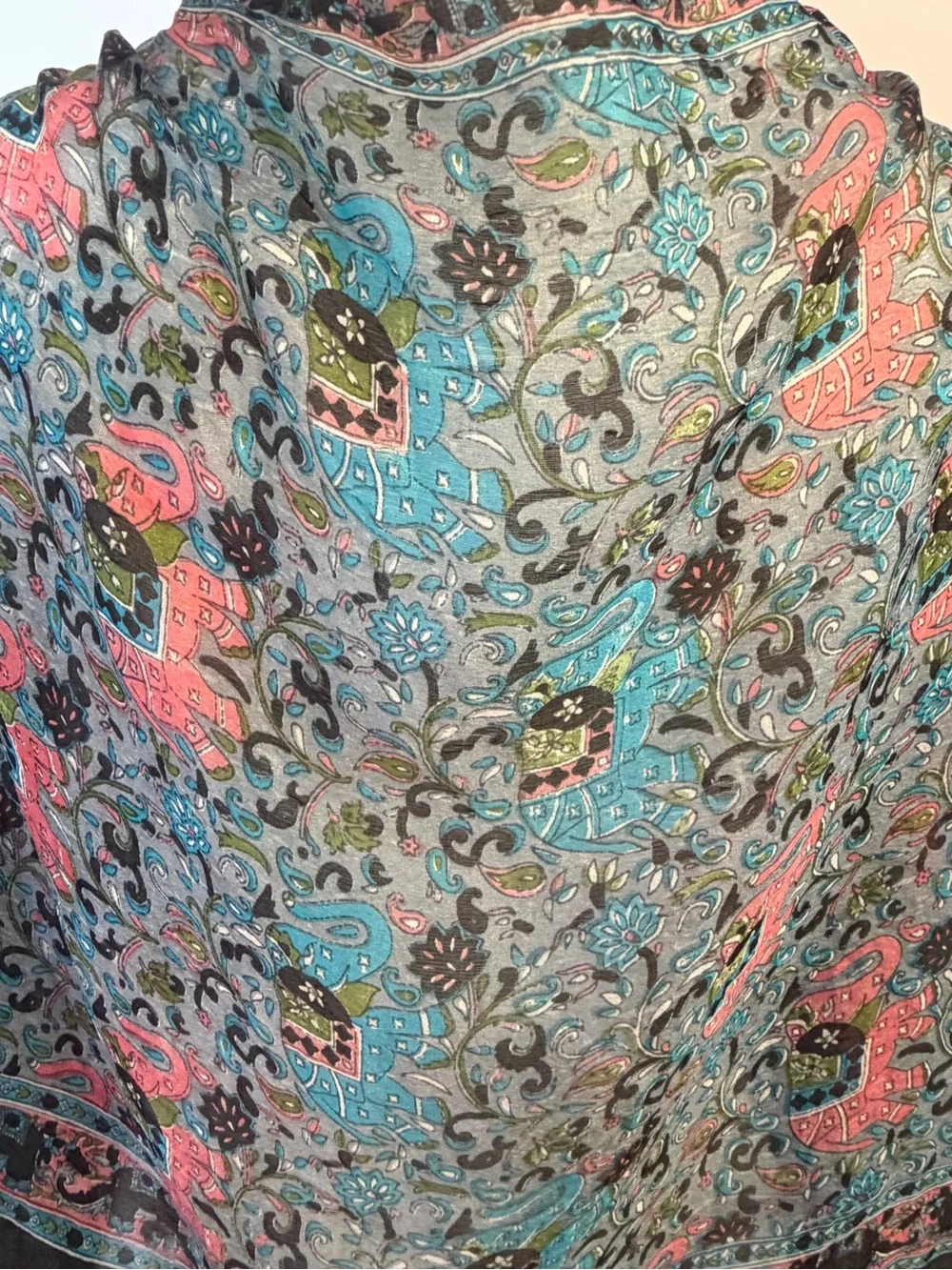Lightweight 100% Silk Black & Blue Floral & Elephant Sheer Shawl Wrap Scarf